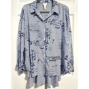 Chicos Blue White Striped Graffiti Script Print High Low Peplum Blouse Size 2
